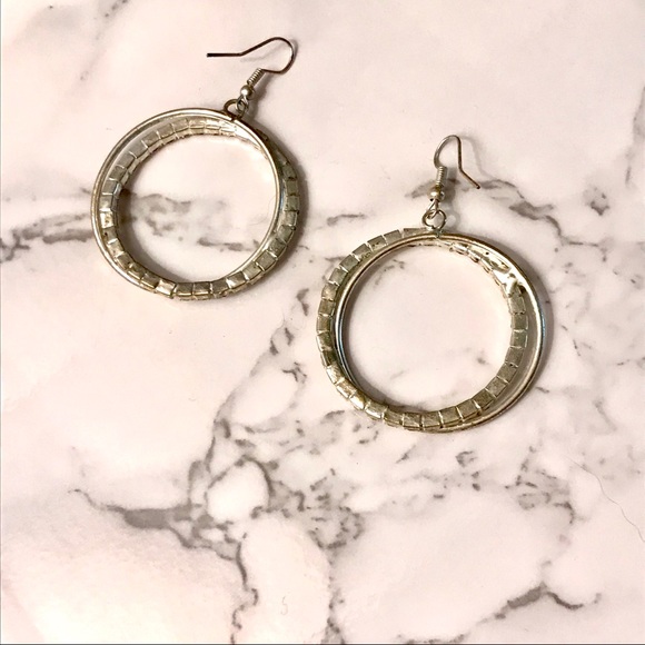 🌸3/$25 Simply Vera Wang Silver Double Hoop Dangle Earrings with CZ Diamonds - Picture 3 of 5